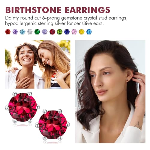 DAYBYDAY 925 Sterling Silver Birthstone Earrings for Women, Crystal Stud Earrings, 6.5mm Round Cut Solitaire Gemstone Earrings Birthday Jewelry - style: Round Cut-07. Jul/created ruby