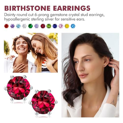 DAYBYDAY 925 Sterling Silver Birthstone Earrings for Women, Crystal Stud Earrings, 6.5mm Round Cut Solitaire Gemstone Earrings Birthday Jewelry - style: Round Cut-07. Jul/created ruby