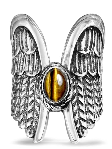 Oval Genuine Gemstone Angel Wings Wide Band Ring,Retro S925 Sterling Silver Full Finger Chunky Statement Band Ring for Women - color: A02_Tiger-Eye Stone