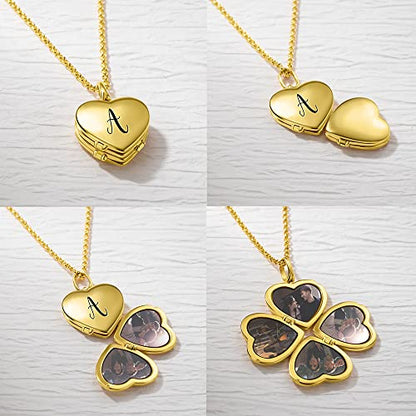 Personalized Photo Locket Necklace that Holds Pictures Sterling Silver Jewelry Gifts for Women Girls Custom Photo Lockets Pendant Necklace Picture Locket Memorial Jewelry Heart Wing Four Leaf Oval - color: Four leaf