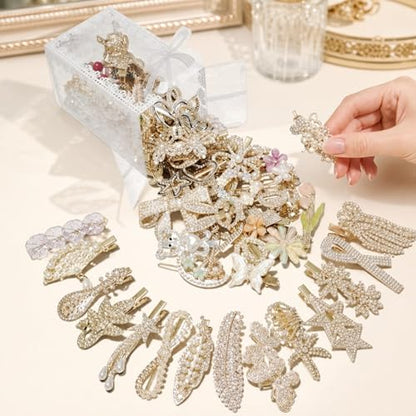 50Pcs Hair Clips for Women & Girls - No Duplicates Assorted Hair Accessories Set in Clear Display Box | Faux Pearl, Resin, Rhinestone & Gold-Tone Barrettes, Snap & Bobby Pins