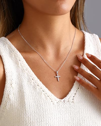 Cross Necklace for Women, 14K Gold Plated Cubic Zirconia Cross Pendant Necklace, Trendy Christian Jewelry Gifts for Baptism First Communion Christmas - color: Style J - Silver