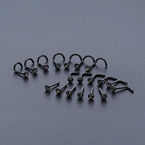 20G & 18G Nose Rings - Black, Silver & Gold Stainless Steel Studs & Screws - L Shaped & Bone Nose Rings Set - Clear CZ Nostril Piercing Jewelry - color: Black: 3mm RQ-CZ/ L Shaped/ 20G/ 6Pcs