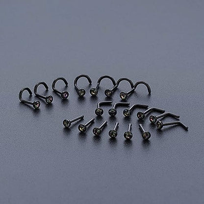 20G & 18G Nose Rings - Black, Silver & Gold Stainless Steel Studs & Screws - L Shaped & Bone Nose Rings Set - Clear CZ Nostril Piercing Jewelry - color: Black: 3mm RQ-CZ/ L Shaped/ 20G/ 6Pcs