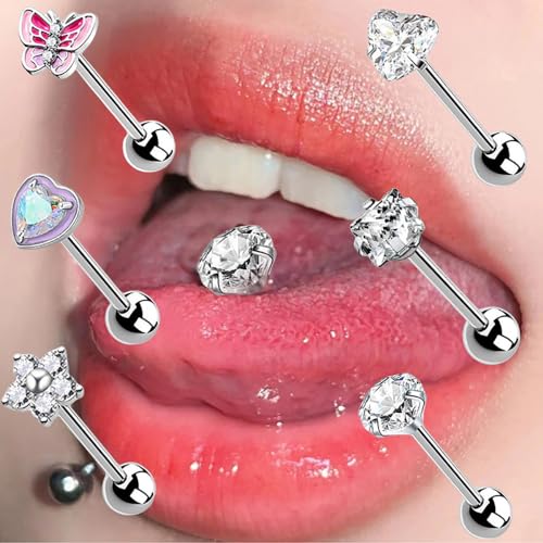 6Pcs Surgical Steel CZ Tongue Rings Sparkling Round Heart Flower Pink Butterfly Tongue Barbell Tongue Piercing Jewelry for Women