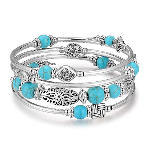 BULINLIN Layered Wrap Bangle Turquoise Bracelet - Bead Bracelet with Natural Agate Stone, Gifts For Women - color: 01-Turquoise