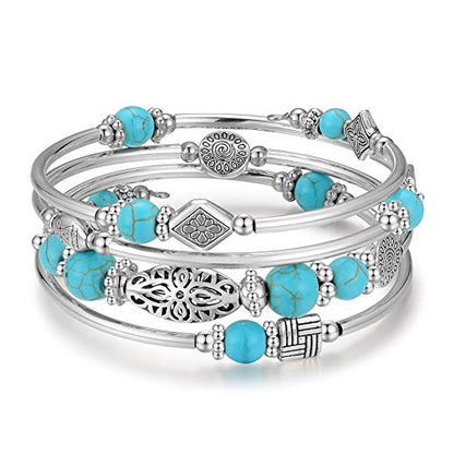 BULINLIN Layered Wrap Bangle Turquoise Bracelet - Bead Bracelet with Natural Agate Stone, Gifts For Women - color: 01-Turquoise