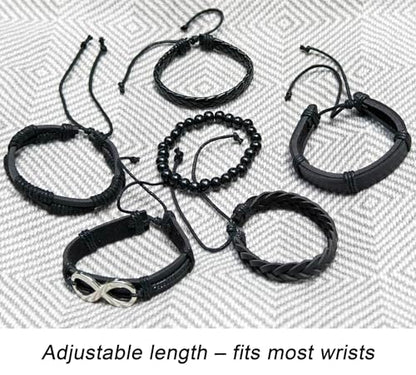 8Pcs Punk Leather Bracelet Set for Men & Women, 6Pcs Braided PU Cuffs, Necklace & Keychain, Adjustable, Stackable - style: Infinity