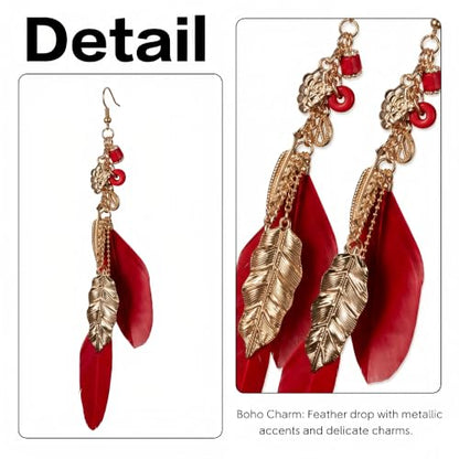 FRESHME Native American Earrings for Women - Ethnic Boho Feather Dangle Jewelry with Tessel for Birthday Party Photoshoot - color: Red
