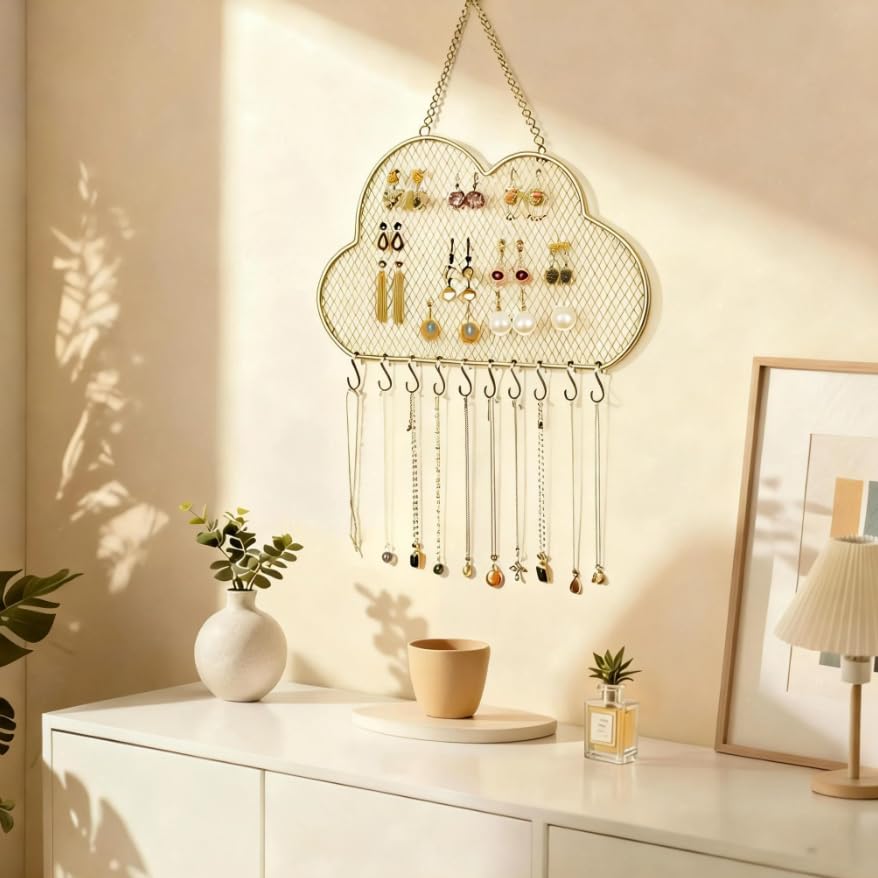 Heshouer Cloud-shaped Earring Wall Holder, Gold | Wall Mounted, 10 Hooks & Small Grid, Hanging Display Stand, For Earrings Necklace, Decorative Bedroom Closet Home Decor - size: Cloud-shaped