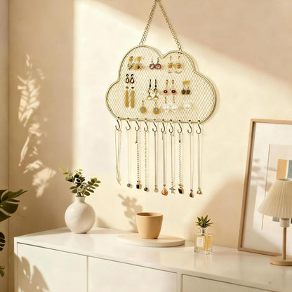 Heshouer Cloud-shaped Earring Wall Holder, Gold | Wall Mounted, 10 Hooks & Small Grid, Hanging Display Stand, For Earrings Necklace, Decorative Bedroom Closet Home Decor - size: Cloud-shaped