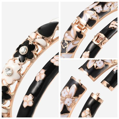UJOY Womens Multi-Colors Cloisonne Bracelet Plated Flower Hollowed Enameled Hinged Cuff Bangles Jewelry Gift 88A10 - color: 3 Pcs/Set-Black-A18