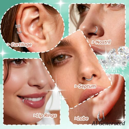 davka Nose Ring Set, 18G Hinged Hoop 8mm & 20G Nose Studs, Stainless Steel & Gold Plated, Hypoallergenic, Multiple Styles Nose Piercing Jewelry - color: Silver/3Pcs Hoops/18gauge 8mm/Set-C