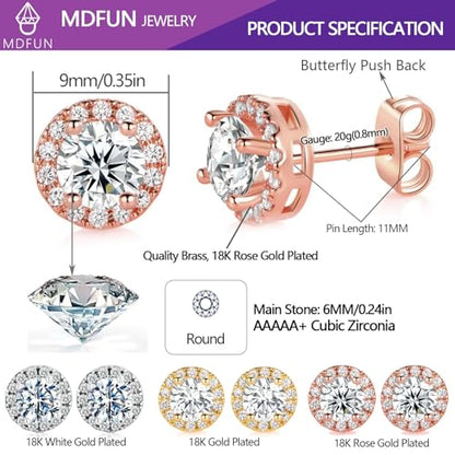 MDFUN Halo Stud Earrings 18K Gold Plated 5A+ Cubic Zirconia Round Earrings Hypoallergenic Ears Jewelry for Women Men - color: Rose Gold