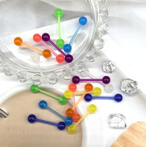 48Pcs 14G Glow in Dark Flexible Acrylic Straight Tongue Barbell Nipple Ring Retainer Piercing Jewelry for Women Men 16mm Bar