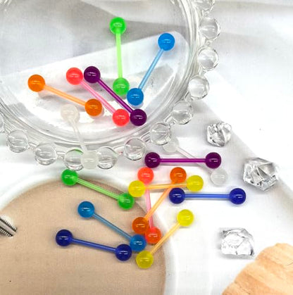 48Pcs 14G Glow in Dark Flexible Acrylic Straight Tongue Barbell Nipple Ring Retainer Piercing Jewelry for Women Men 16mm Bar