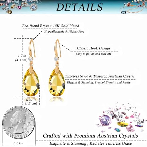 Austrian Crystal Teardrop Dangle Drop Earrings for Women 14K Gold Plated Hook Earring Hypoallergenic Jewelry Gifts for Women Girls - color: Yellow