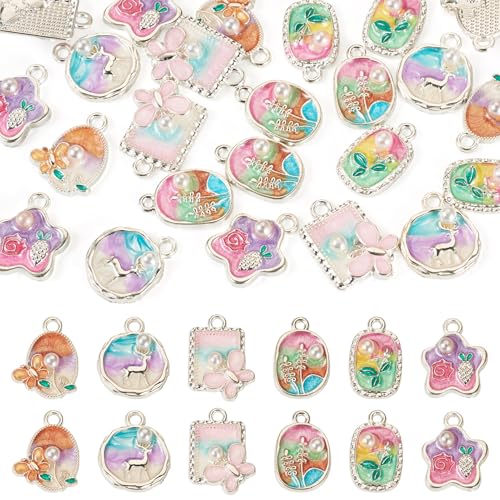 24Pcs Alloy Enamel Butterfly Flower Charms Silver Plated 3D French Style Oil Painting Pendants Vinatge Floral Pearl Bead Charms for Bracelet Necklace Earring - color: Silver Plated, 6 Styles