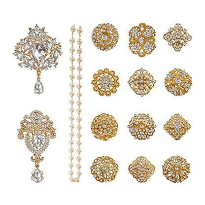 Yhsheen Rhinestone Brooches Crystal Brooch Pins, Pearl Crystal Wedding Bouquet kit Set (Gold-14pcs)… - color: Gold-14pcs
