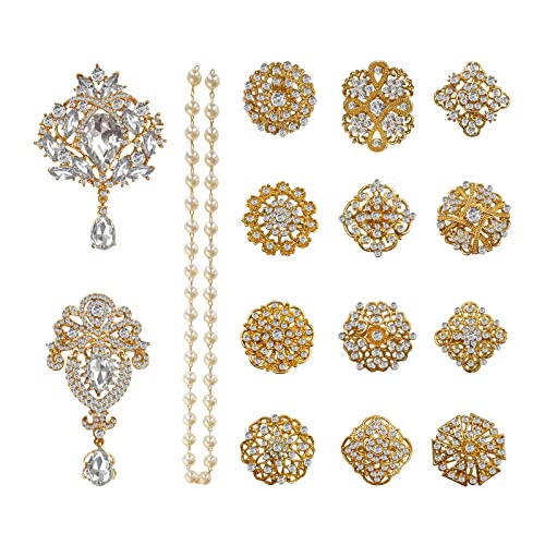 Yhsheen Rhinestone Brooches Crystal Brooch Pins, Pearl Crystal Wedding Bouquet kit Set (Gold-14pcs)… - color: Gold-14pcs