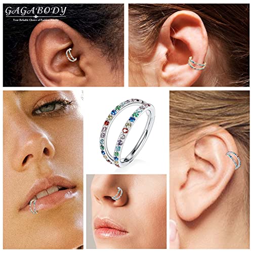 GAGABODY Conch Piercing Double Open Stack with CZ 16 Gauge Hoop Earrings 18g Septum Jewelry 20g Septum Ring Daith Earrings 316L Surgical Steel Lip Rings Helix Rook Cartilage Earrings Hoop - color: Style13:Gold+Double Hoop Rainbow CZ