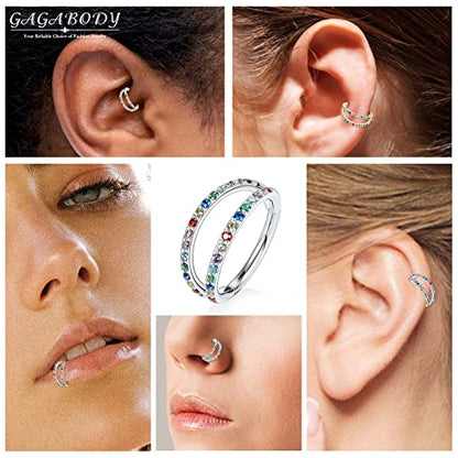 GAGABODY Conch Piercing Double Open Stack with CZ 16 Gauge Hoop Earrings 18g Septum Jewelry 20g Septum Ring Daith Earrings 316L Surgical Steel Lip Rings Helix Rook Cartilage Earrings Hoop - color: Style13:Silver+Double Hoop Rainbow CZ