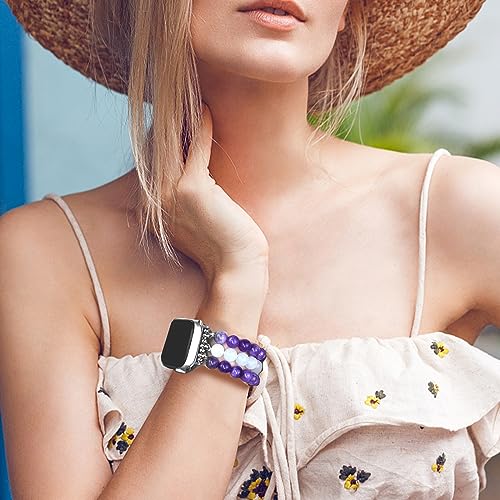Newlibery Natural Stone Bracelet Beaded-Bands Women Compatible with Apple Watch 38mm 40mm 41mm 42mm (S10/11) Feminine Cute Handmade Stretch Strap for iWatch Series 11/10/9/8/7/6/5/4/3/2/1 SE 3/2/1 - color: A4 Amethyst Quartz, size: 38/40/41/42mm(s10/11)