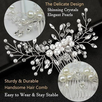 5 Pieces Wedding Hair Accessories: Pearl Crystal Rhinestone Hair Comb, Hair Pins for Brides, Bridesmaids, Women, Girls (Silver, Gold) - color: Silver