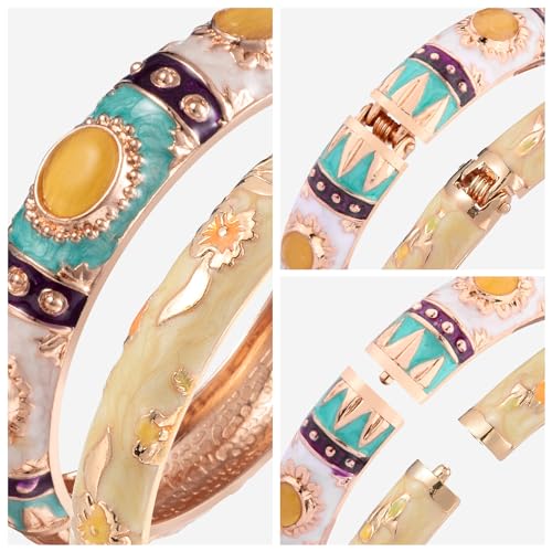 UJOY Womens Multi-Colors Cloisonne Bracelet Plated Flower Hollowed Enameled Hinged Cuff Bangles Jewelry Gift 88A10 - color: 3 Pcs/Set-Yellow-7735
