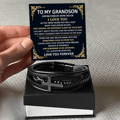 To My GrandSon Bracelet – Cross Braided Leather Bracelet, Meaningful GrandSon Gift from Grandpa & Grandma with Heartfelt Message Card & Elegant Gift Box for Birthday, Christmas, Graduation - color: Version#8