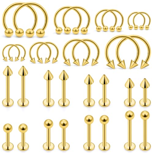 Lip Rings 32PCS Labret Jewelry Monroe Lip Barbell Ring Snake Bite Piercing Jewelry 16G Helix Earring Daith Tragus Cartilage Studs Surgical Steel Piercing Jewelry for Women Men - color: 32pcs,16 gauge,goldtone