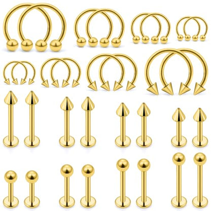 Lip Rings 32PCS Labret Jewelry Monroe Lip Barbell Ring Snake Bite Piercing Jewelry 16G Helix Earring Daith Tragus Cartilage Studs Surgical Steel Piercing Jewelry for Women Men - color: 32pcs,16 gauge,goldtone
