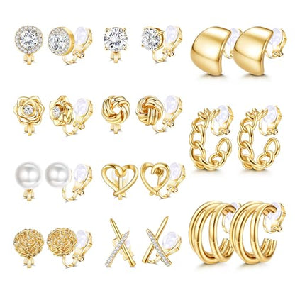 11 Pairs Clip on Earrings for Women 14K Gold Plated Clip Earring | Hypoallergenic Earrings for Non Pierced Ears, Chunky Cubic Zirconia Pearl Knot Flower Fake Ear Clips Set Jewelry - color: 14K Gold Plated