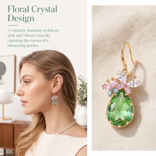 Green Butterfly Crystal Teardrop Dangle Earrings For Women | Gold Plated Brass Statement Accessories For Prom And Party Wear. Secure Hooks And Durable Crystals For Long Lasting Sparkle.
