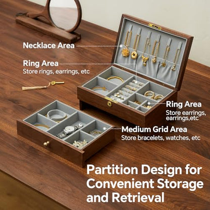 Jewelry Box Organizer for Women & Men 2-Layer Lockable | Wooden with Velvet Lining, Black Walnut Double Layer, Earring Ring Necklace Organizer, Lock & Key, Brass Handles - style: 2-layer lockable
