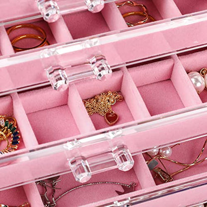 Acrylic Jewelry Organizer Earring Organizer Box with 5 Drawers Earring Holder Organizer with Velvet Trays Clear Jewelry Box for Women Earring Display for Rings StudsPink | 61 Jewelry Storage Grid for Rings Studs Bracelet,Velvet Lining,Transparent Appearan