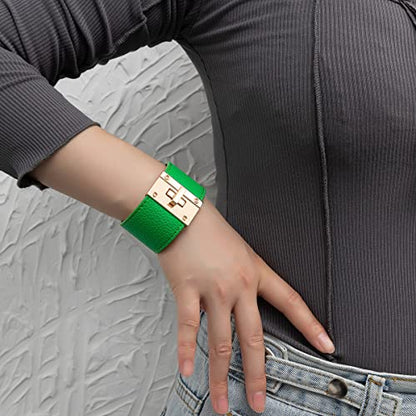 Rantanto Leather Wrap Bracelets For Women Gold Twist Lock Buckle Wrist Cuff | PU leather,Skin-friendly,Boho Stackable Wristband,Fashion Daily Jewelry,Trend Casual Party Bangle,Fit For Birthday, Holiday - color: Wide Green