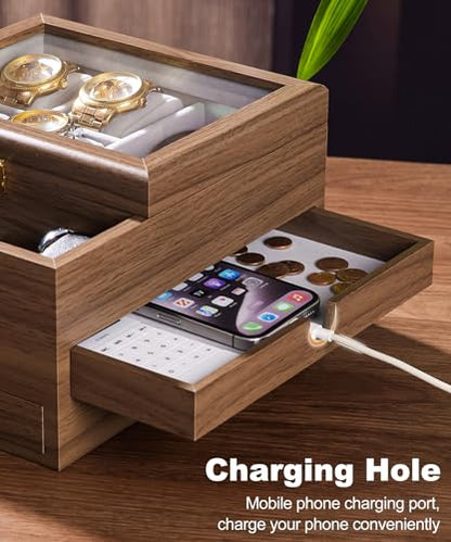 Homde Wooden Watch Box for Men: 3-Layer Organizer with 4 Watch Pillow | 4 Watch Pillows and 2 Drawers for Jewelry and Accessories-Nightstand Display-Clear Lid and Charging Hole for Easy Access