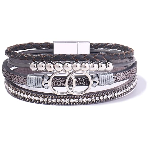 Chunky Boho Leather Wrap Bracelets Cowgirl Beaded Circle Western Jewelry | Stackable Infinity Layered Bohemian Magnetic Clasp Cuff Statement Fashion Colorful Country Hippie Outfits for Women Trendy - color: Grey