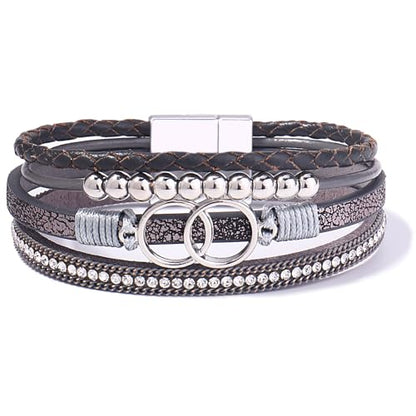 Chunky Boho Leather Wrap Bracelets Cowgirl Beaded Circle Western Jewelry | Stackable Infinity Layered Bohemian Magnetic Clasp Cuff Statement Fashion Colorful Country Hippie Outfits for Women Trendy - color: Grey