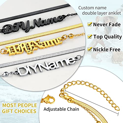 ChainsHouse Double Layer Anklet Bracelet for Women,Adjustable Chain Anklets Stackable Dainty Anklets,Stainless Steel/Gold Plated/Black Ankle Jewelry Gifts - color: B-Gold Plated-Snake Chain