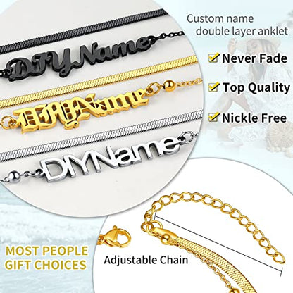 ChainsHouse Double Layer Anklet Bracelet for Women,Adjustable Chain Anklets Stackable Dainty Anklets,Stainless Steel/Gold Plated/Black Ankle Jewelry Gifts - color: B-Gold Plated-Snake Chain