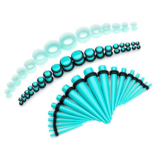 50-Piece Ear Gauges Stretching Kit, 14G-00G | Acrylic tapers and plugs with soft silicone tunnels, body piercing jewelry for women and men - color: Turquoise