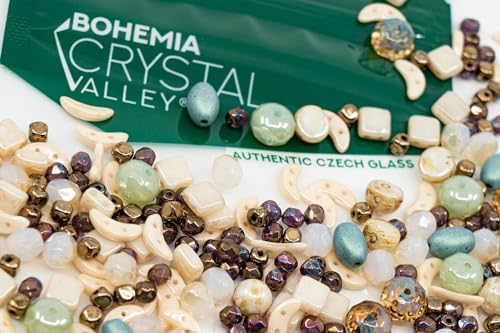 2.1oz (60 g) Mix of Unique Czech Bohemia Glass Pressed Beads, Matte and Glossy, Hand Made, Beige Blue Luster - color: Beige Blue Luster