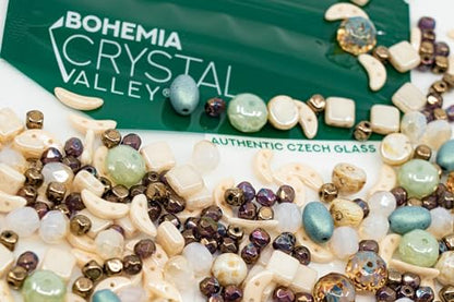 2.1oz (60 g) Mix of Unique Czech Bohemia Glass Pressed Beads, Matte and Glossy, Hand Made, Beige Blue Luster - color: Beige Blue Luster