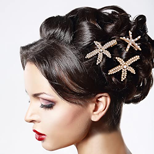PAGOW 3 PCS Starfish Hair Clips, Gold Rhinestone Pearls Crystal Hair Clips | Sea Star Ponytail Holder, Faux Pearl Crystal Wedding Headpiece Hair Accessories For Women, Girls, Bride(1.73 x 2.48 Inch) - color: 3pcs-gold,style1
