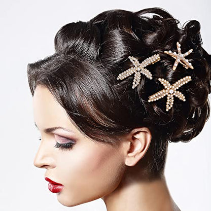 PAGOW 3 PCS Starfish Hair Clips, Gold Rhinestone Pearls Crystal Hair Clips | Sea Star Ponytail Holder, Faux Pearl Crystal Wedding Headpiece Hair Accessories For Women, Girls, Bride(1.73 x 2.48 Inch) - color: 3pcs-gold,style1