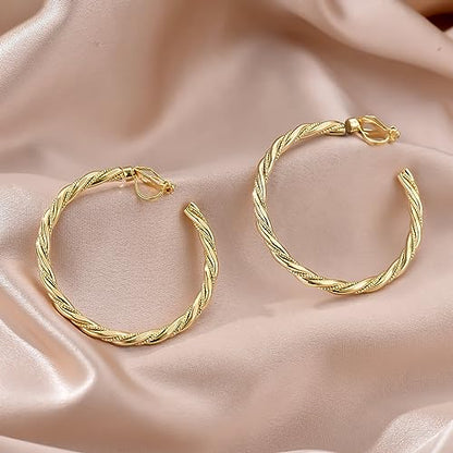 YOQUCOL 5CM(2.0IN) Golden Swingable Clip On Hoop Earrings for Women Non Pierced Ears Hoop Earrings - color: C