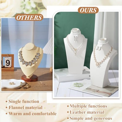Wenqik 2 Pcs PU Leather Jewelry Display Bust, 12.4 Inch Multi-Functional Necklace Mannequin Holder Stand Display Necklaces Bracelets Earrings Rings for Vendors Jewelry Selling Trade Show - color: White