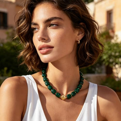 Chunky Beaded Necklace for Women,Square Resin beads boho Choker Necklace with gold-tone spacers,Fashion Trendy Summer Beach Party Necklaces Handmade Surfer Beach Necklaces Jewelry Gifts - color: Dark-Green